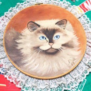 VINTAGE 1989 ** ART CANVAS PAINTING HOOP ARTWORK CAT PORTRAIT SALEM